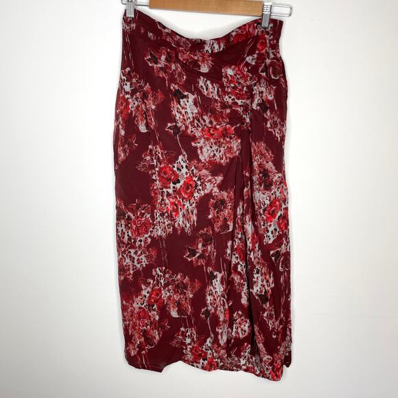 IRO Alise Abstract Print Draped Crepe De Chine Midi Skirt In Burgundy Size 6 New - Picture 3 of 13